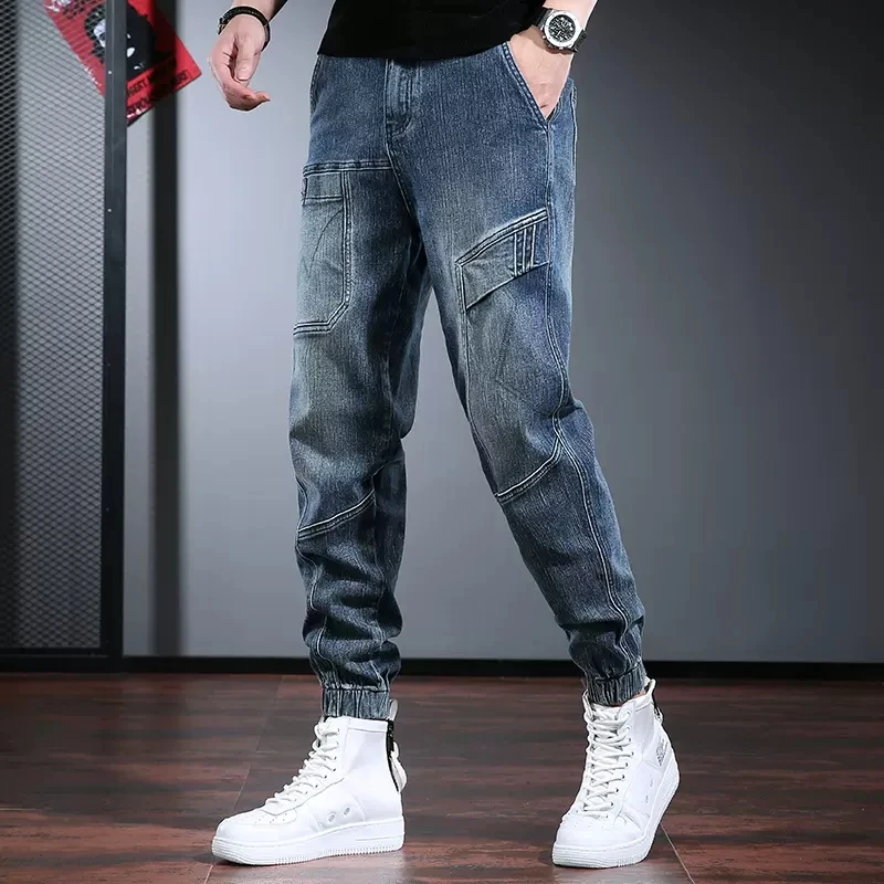 Blue Cargo Pants Jeans Men Casual Baggy Pencil Pants Autumn Streetwear Hip Hop Elastic Waist Denim Trousers CP2016