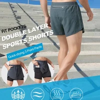 double layer sports shorts for men quick dry fake 2 piece fitness pants mens summer shorts workout clothing