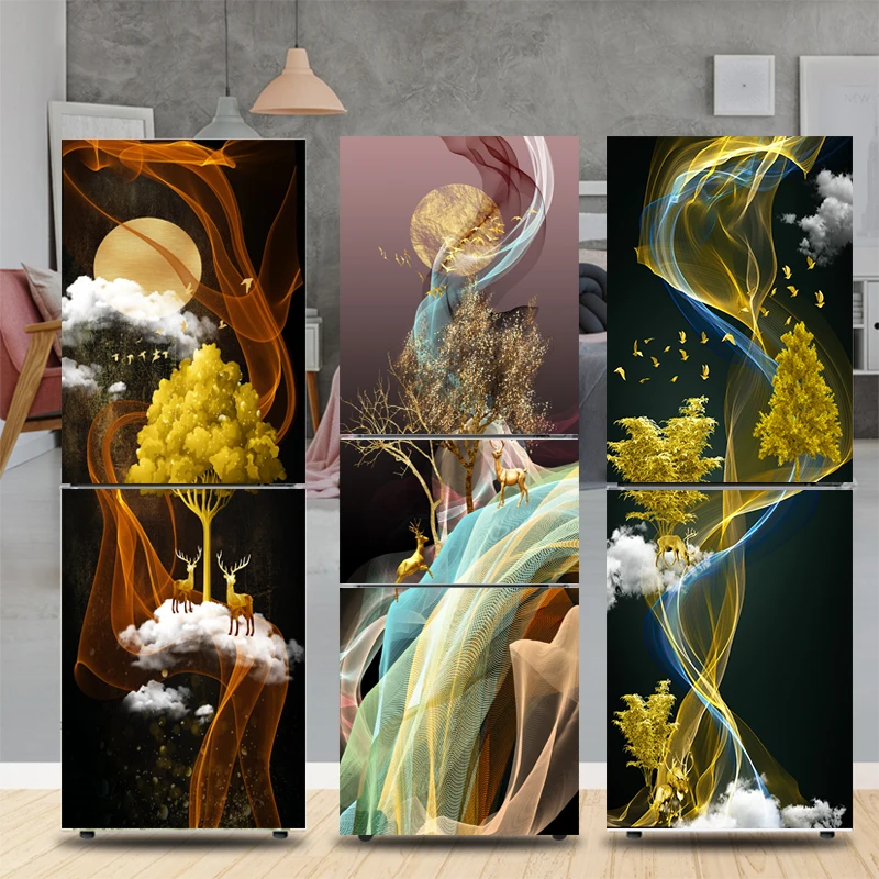

Refrigerator Stickers Door Cover 3D Fridge Sticker Full Film Wallpaper Vinyl Waterproof Removable Light luxury Style Art Mural
