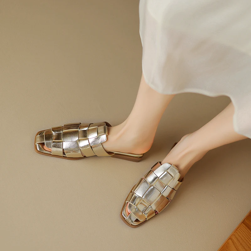 Шлепанцы JOZHAMTA женские из натуральной кожи сланцы плоская подошва плетеные