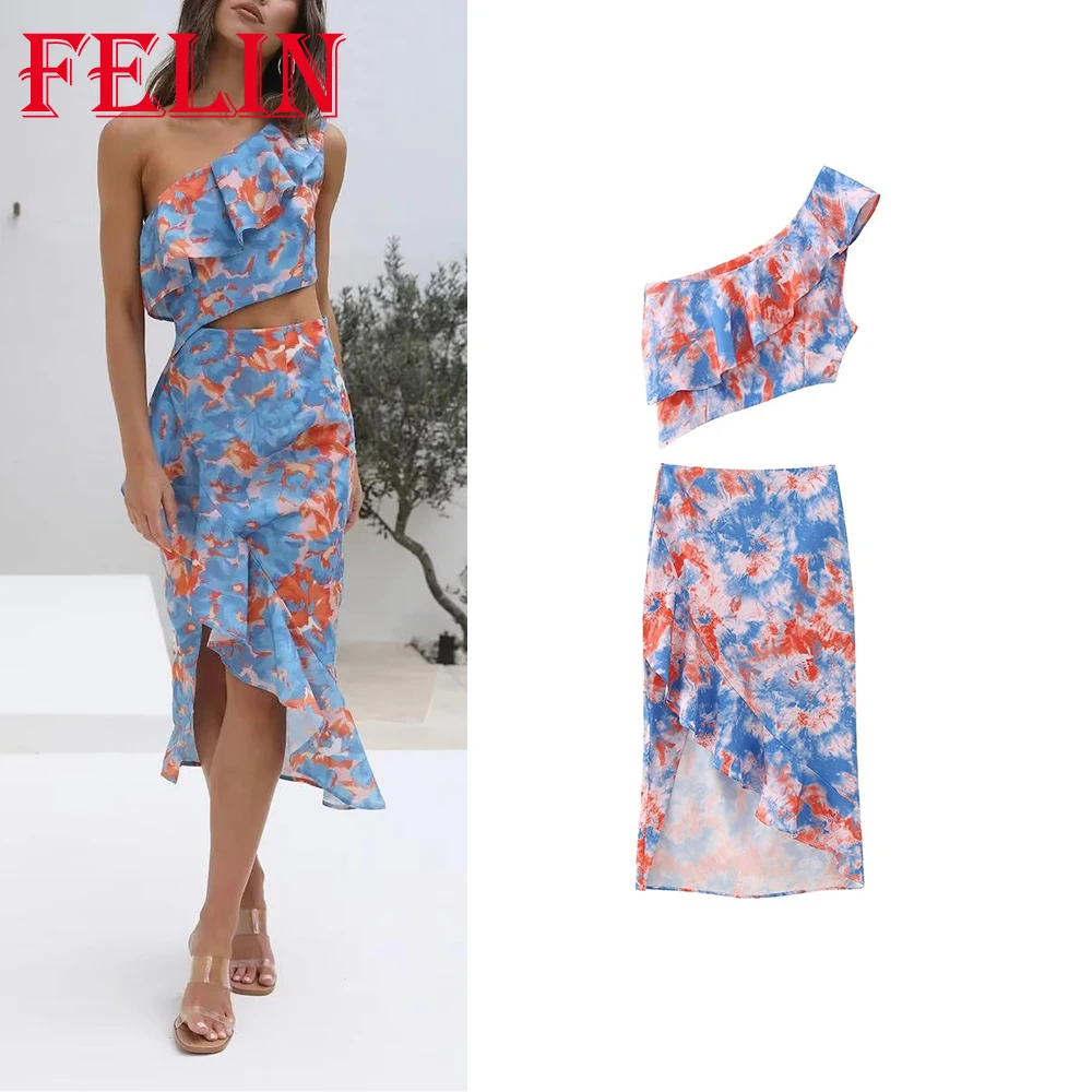 

TRAF 2022 Vintage Print Women Suit Sleeveless Skew Collar Shirt Sheath Sexy Flouncing Mid-Calf Zipper Skirt Fashion 2 Pieces Set