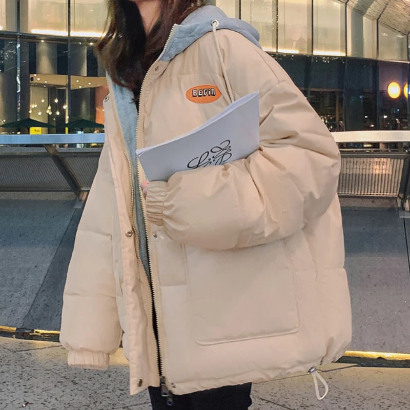 Women Thick Bread Jacket Short Down Cotton Parkas Overcoat Korean Style Loose Winter 2023 New Fake Two-piece Hooded Tops Coats