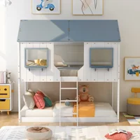 Home Modern Wooden Furniture Bedroom Furniture Beds Frames Bases Bunk Bed Wood Bed With Roof Window Guardrail Ladder White