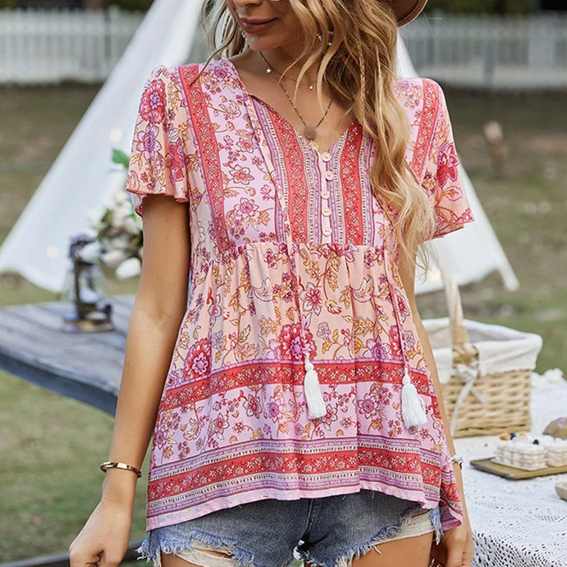 

Women Bohemian Floral Print Blouse V Neck Retro Shirt Female Loose Casual Long Sleeve Tunic Tops