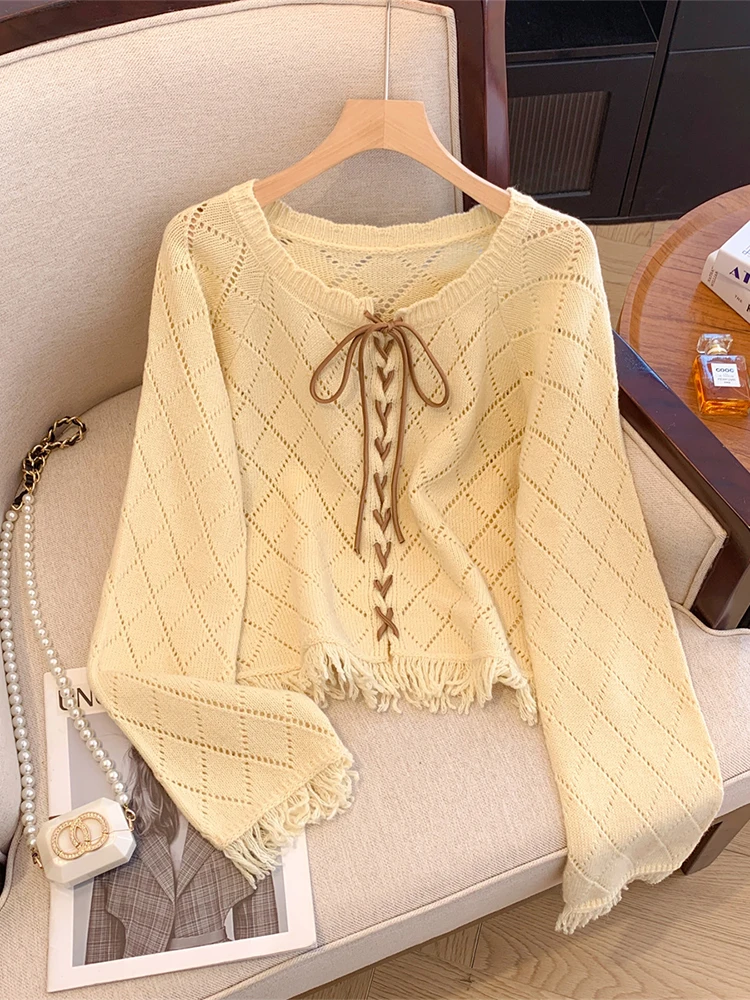 Женский абрикосовый кардиган свитер Harajuku Y2k вязаный кашемировый в клетку с