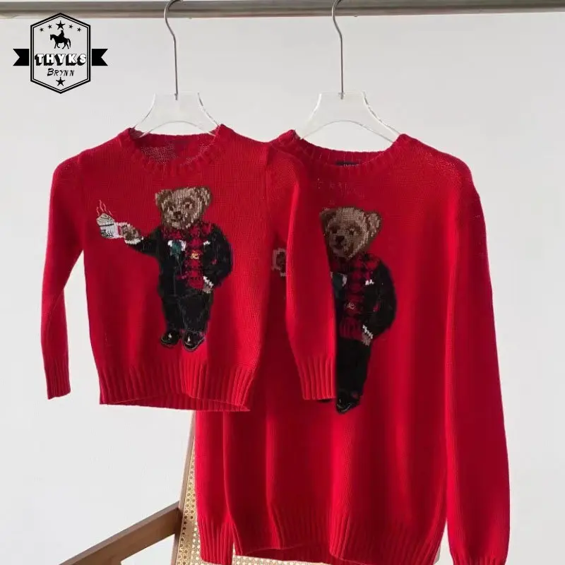 Sweater Men Winter Parent-child Wear RL Embroidery Bear Cartoon Fashion Long Sleeve Cotton Knitted Pullover Tops Women Knitwears