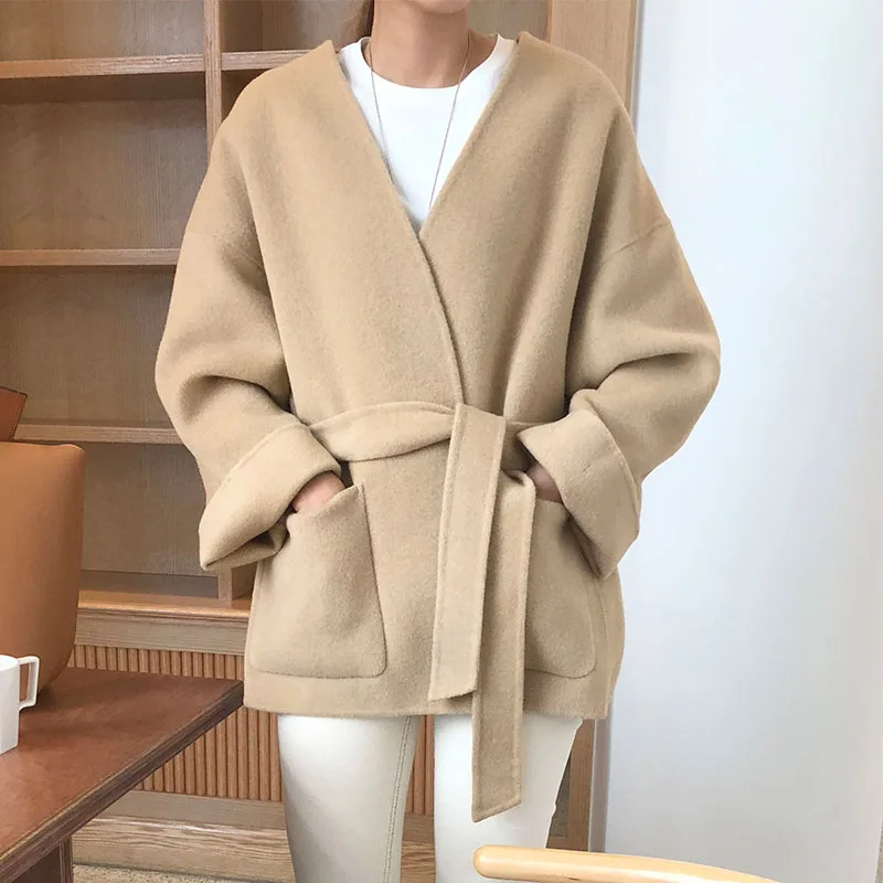 

Chic Khaki Woolen Jacket Women Spaghetti Winter 2023 V-neck Vintage Thicken Blend Coat Ladies Oversized Pockets Outfits Street