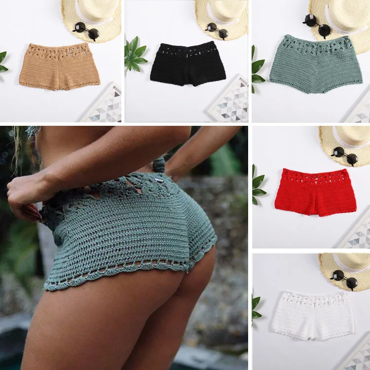 

Beach Women's Hand Crochet Sexy Lace Hollow Out Solid Color Boxer Shorts Multicolor Strap Stretch