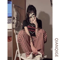 mingliusili pink plaid trouser for women 2022 autumn new high waist casual all match loose straight wide leg oversized pants