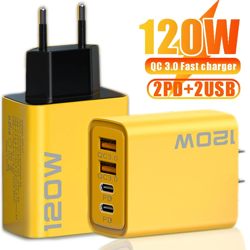 Зарядное устройство USB C, быстрая зарядка, тип C 2 PD + 2 USB QC 3.0 мобильный телефон адаптер EU/US/UK для IPhone 15 Samsung Xiaomi IPad Tablet