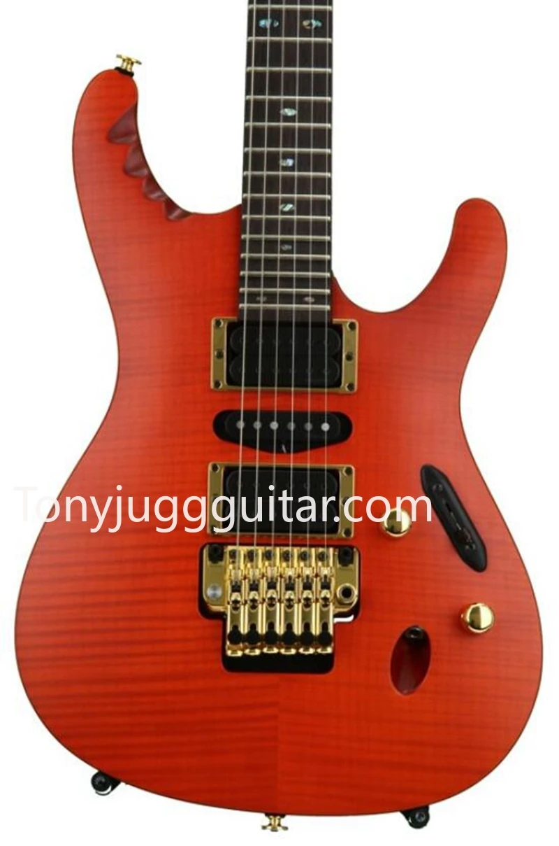 

Herman Li EGEN18 Flame Maple Top Dragon Blood Electric Guitar Floyd Rose Tremolo Bridge, Abalone Oval Inlay, HSH Pickups,