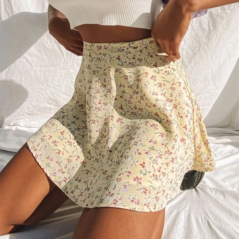 

Bohemian Style Floral Print Party Skirt Summer New High Waist Pleated Skirt Short Beach Sexy Frills Mini Skirts for Women 2022