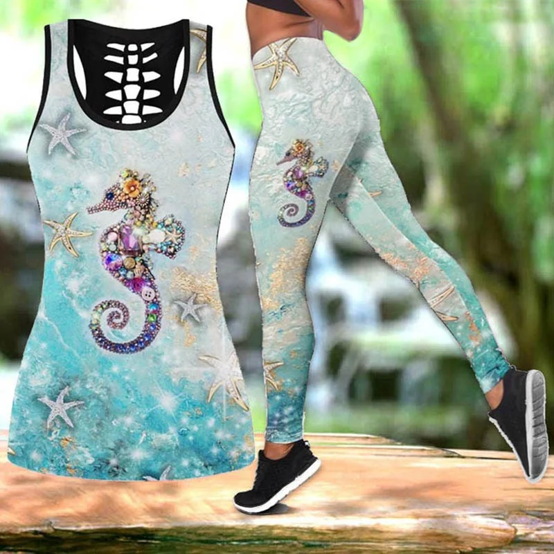 Seahorse Lover Hollow Tank Top and Legging 3D All Over Print Sleeveless Shirt Summer Vest for Women