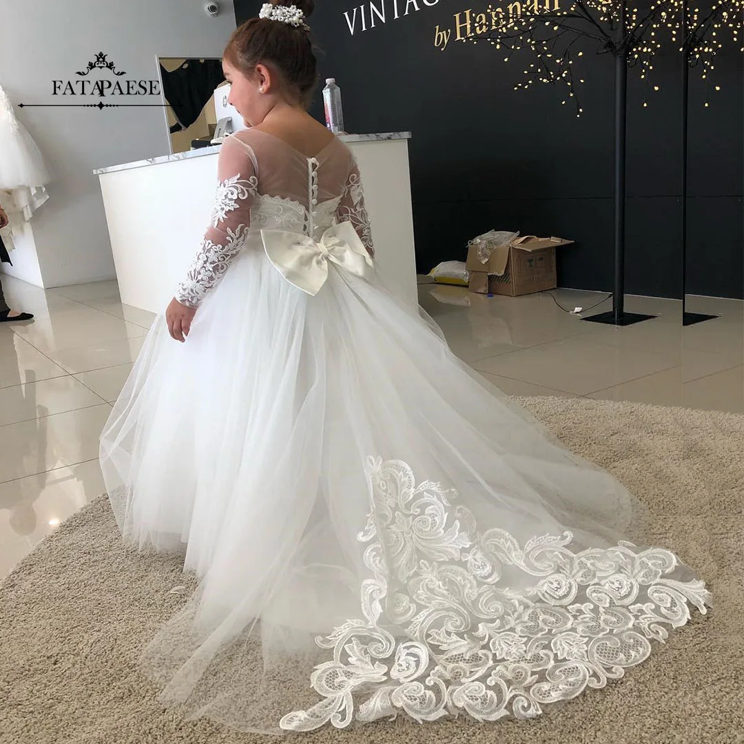 

FATAPAESE Flower Girl Dress First Communion Girls Ivory White Champagne Kids Baby Lace Edge Ball Gown With Long Train Bow Dress