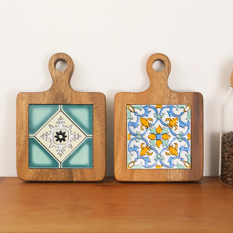 

Creative Acacia Wood Tiles Trivet Mats For Hot Dishes Natural Wooden Trivet Frame For Hot Tea Pots and Pans Pad Holders