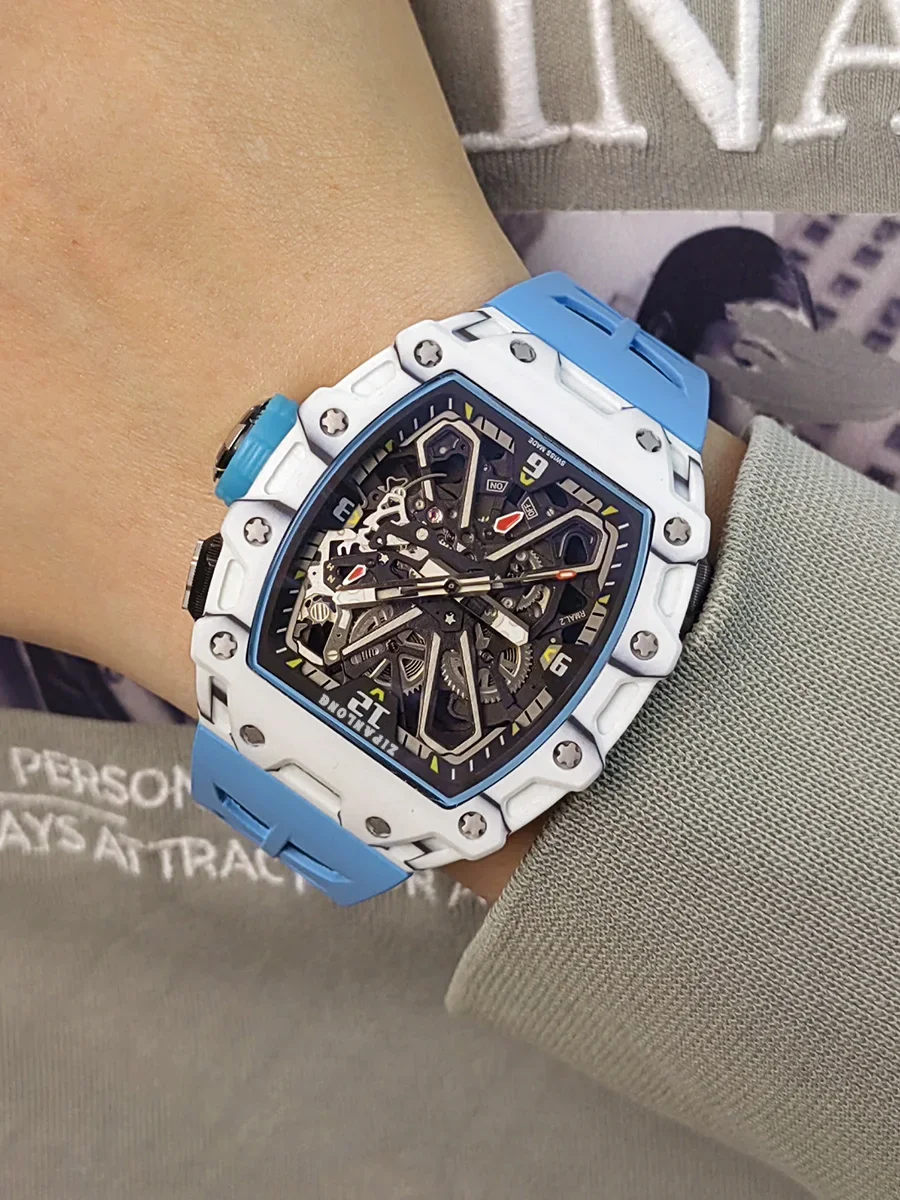 

Мужские спортивные часы с углеродным паяным покрытием в форме ведра, большой циферблат, светящиеся водонепроницаемые полностью автоматические механические часы с отверстиями