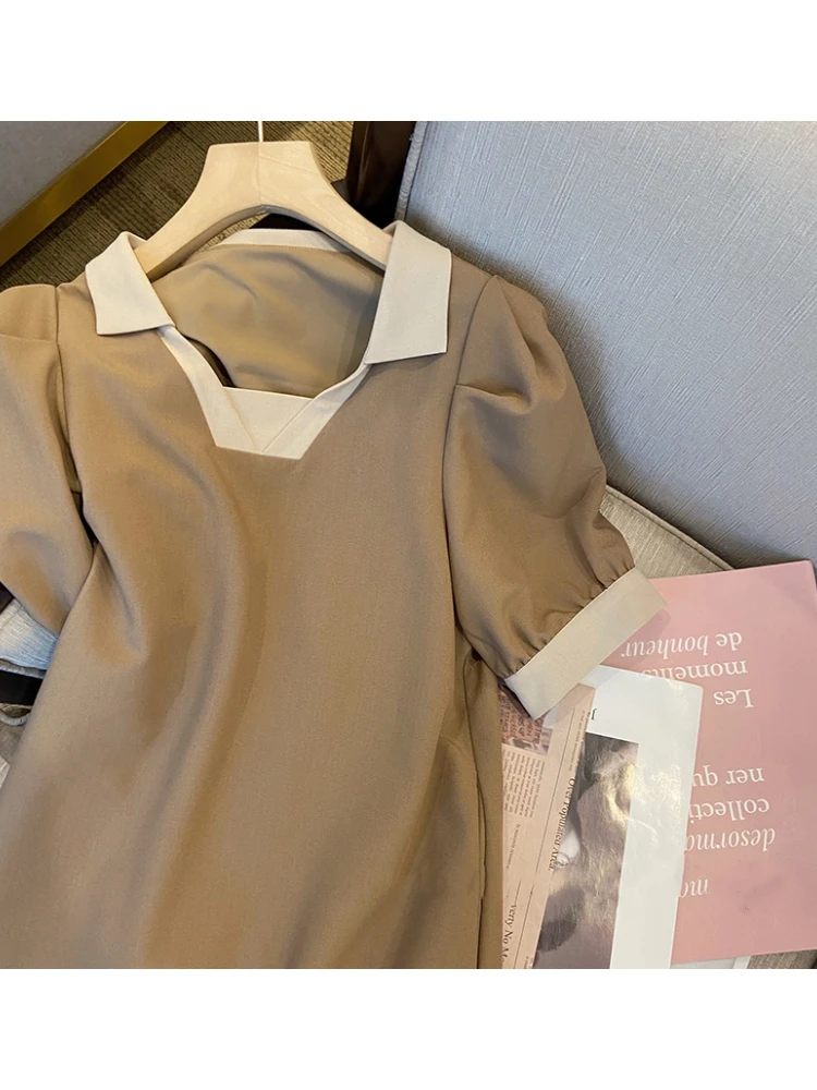 

Женское платье с коротким рукавом, короткая трапециевидная юбка цвета хаки в простом стиле, тонкая юбка контрастных цветов, лето