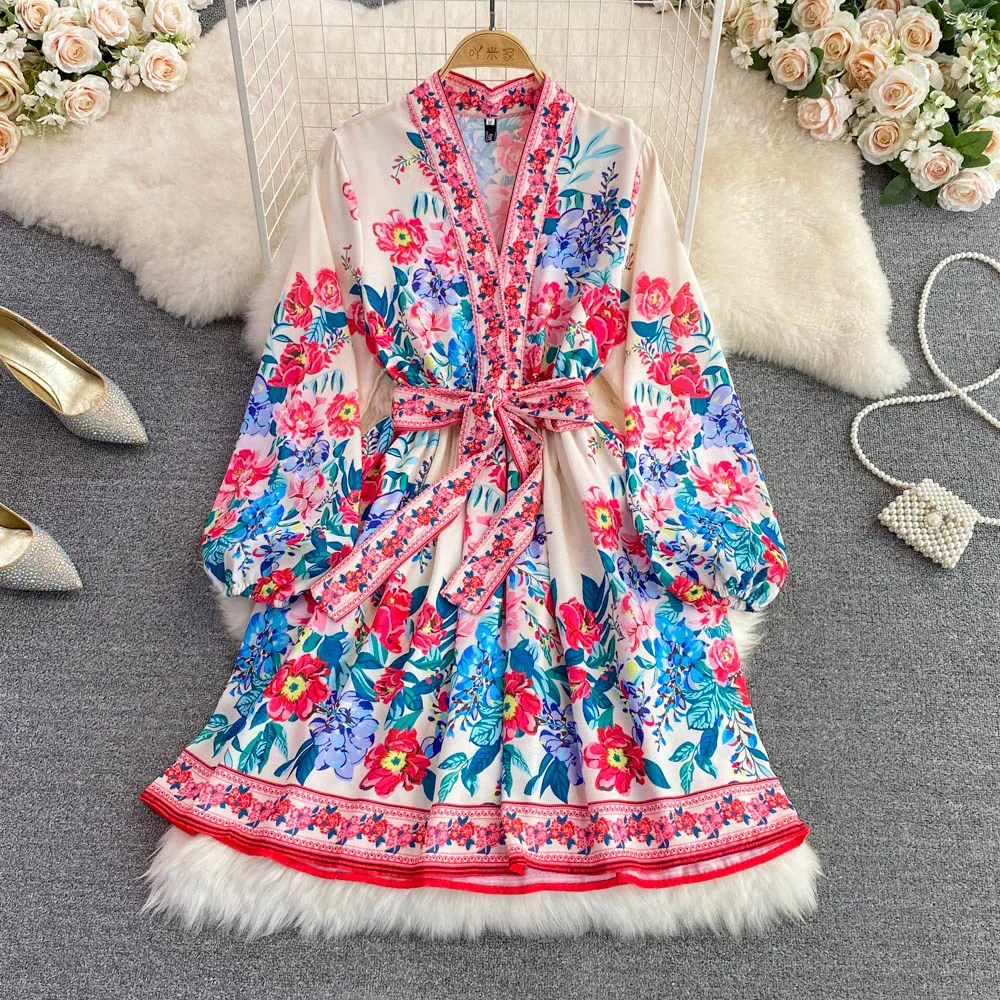 

SuperAen 2022 Spring Autumn V-neck Lantern Sleeve Bow Tie Lace Up Waist Printing A-line Dresses for Women
