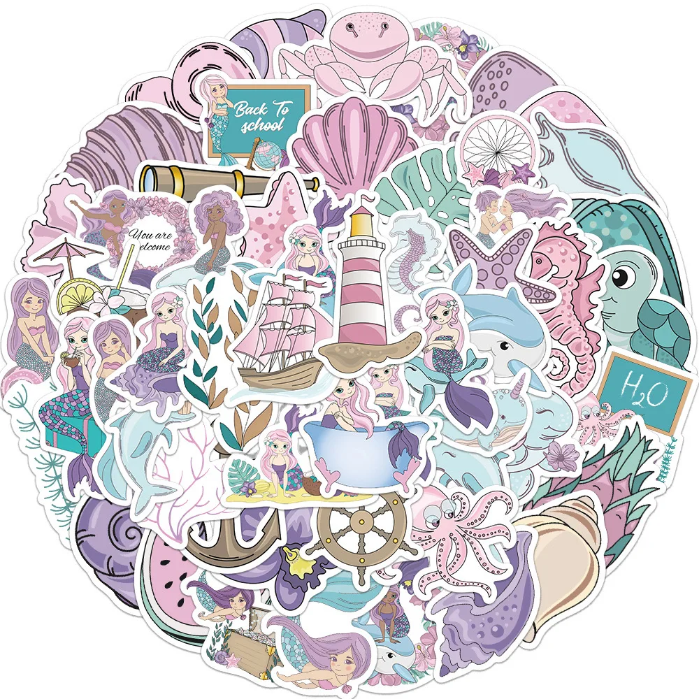 10/30/56PCS Ins Pink Dreamy Mermaid Stickers Cute Marine Animal Decals DIY Stationery Notebook Luggage Phone Skateboard Kids Toy