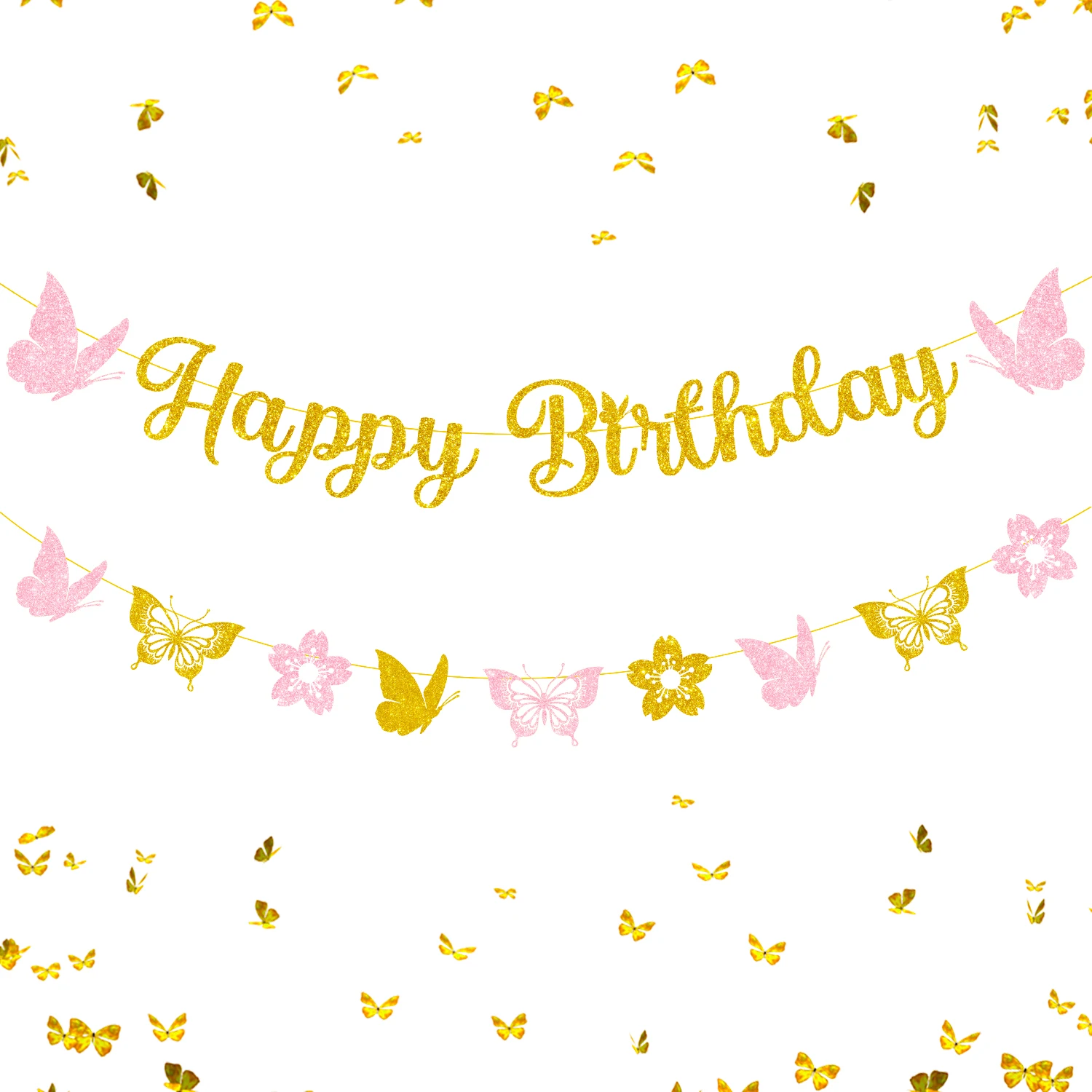 

Butterfly and Flowers Happy Birthday Banner for Girls, Glitter Gold Party Decoration, Garland Supplies