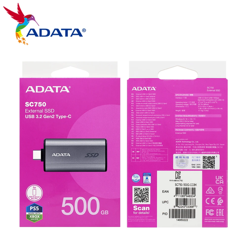 Фото ADATA SC750 высокоскоростной портативный SSD Type-C 3.2 Gen2x2 интерфейс 500 ГБ 1000 ГБ скорость передачи до 1050 МБ/с для настольных ПК PS5 №4