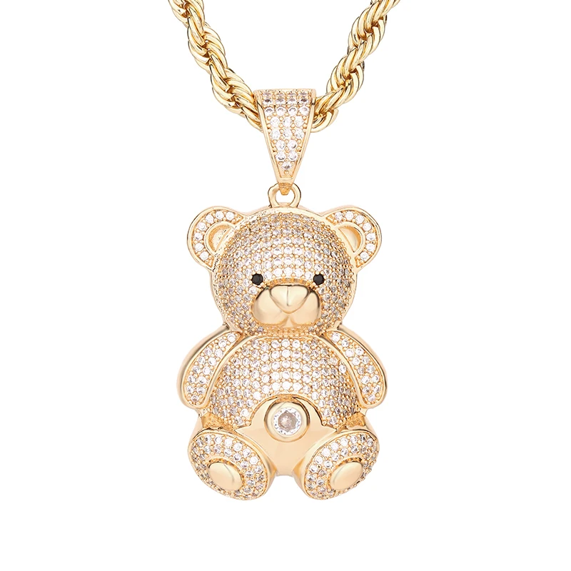 

European Hip Hop 14k Gold Plated White bear Zircon Copper Pendants and Necklaces