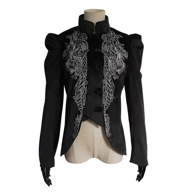 

Victoria Punk Women's Gothic Overcoat Jacket Long Black Velvet Embroidered Flowers Palace Lantern Sleeve Slim Vintage Suit