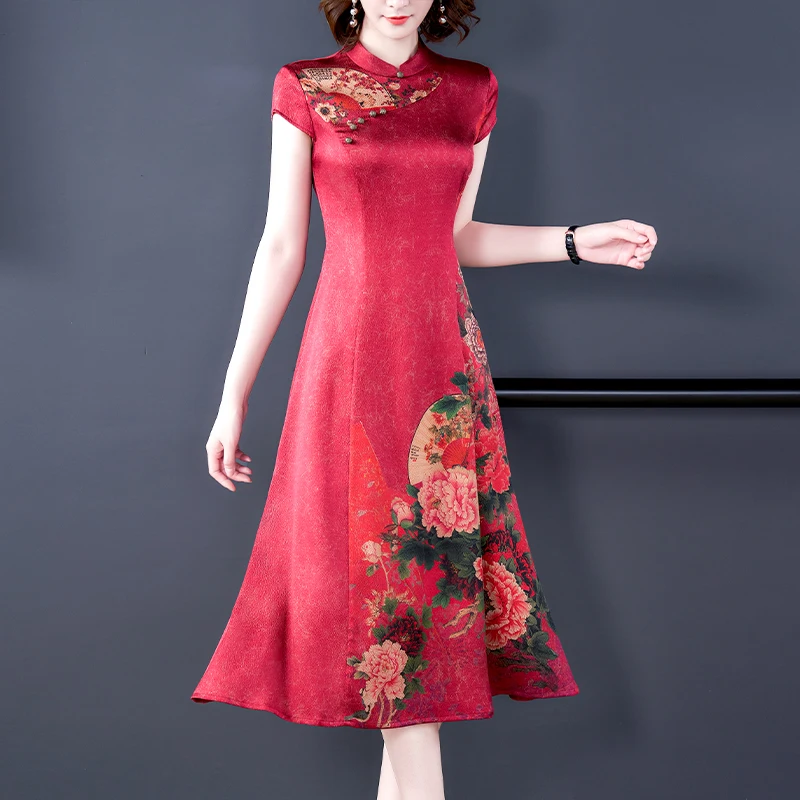 Женское шелковое платье-Ципао средней длины элегантное приталенное платье с