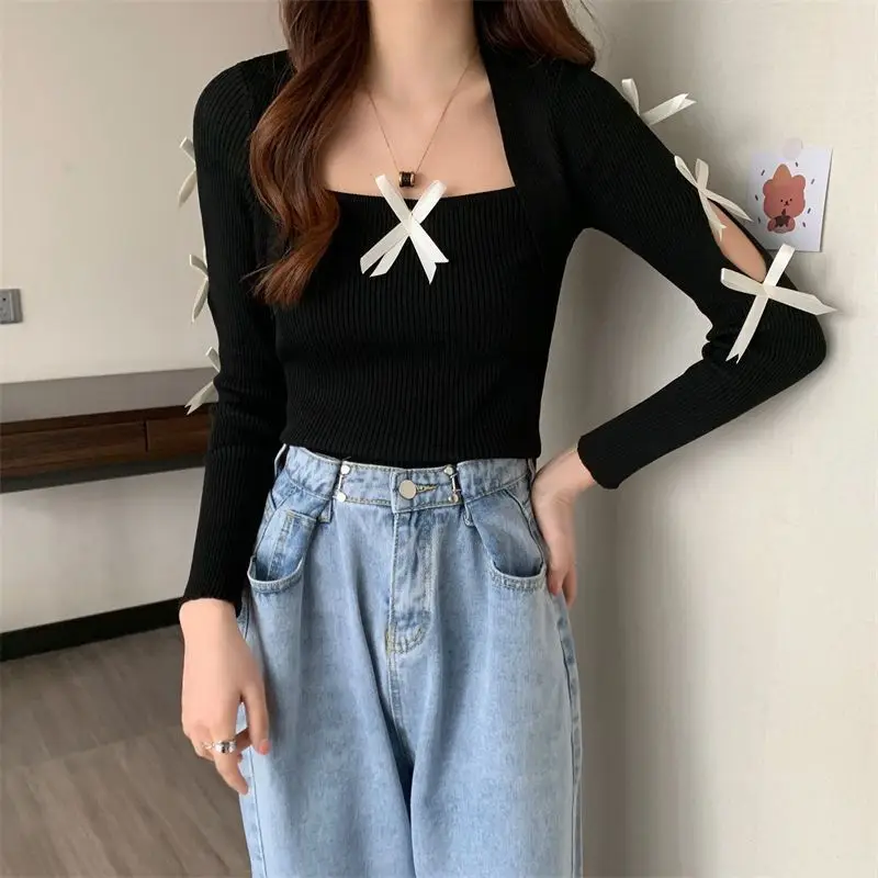 Новый дизайн трикотажной рубашки с квадратным вырезом и длинными рукавами