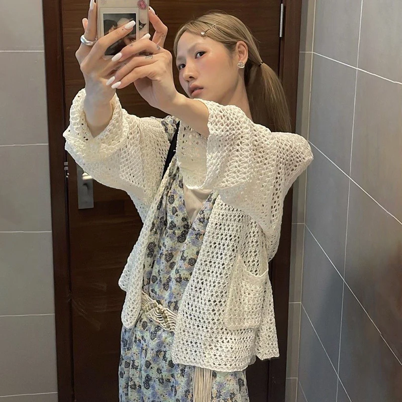 

Knitted Cardigan Women Vintage Hollow Out Fashion Loose Casual Long Sleeve Tops Summer Thin Beach Sun Protection Cardigan