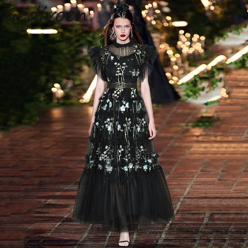 

Женское длинное Сетчатое платье Gedivoen, модельное винтажное платье с круглым вырезом, вышивкой и оборками, длинное платье с присборенной талией, лето 2019