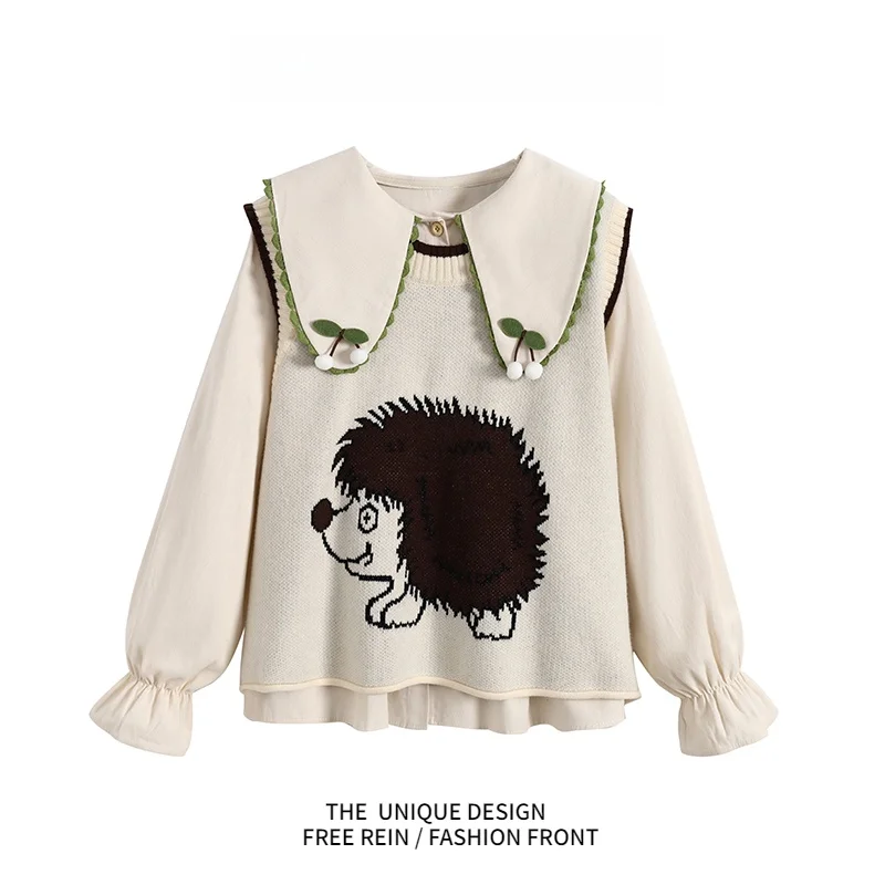 Sweet Japan fashion Design Sense Stacked Sweater vest Doll Collar Long sleeve Shirts Women Spring 2023 New Two-piece Set