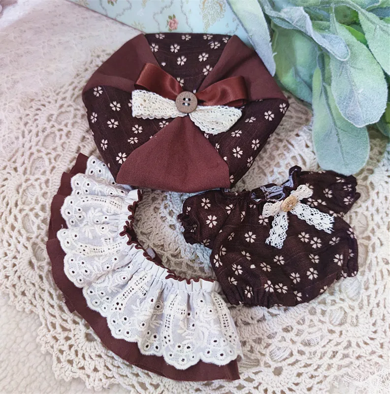 

3pc/set 20CM Handmade Doll Clothes Brown Hat Jumpsuit Lace Skirt Kpop Plush Dolls Outfit Toys Baby Doll's Accessories Cos Suit