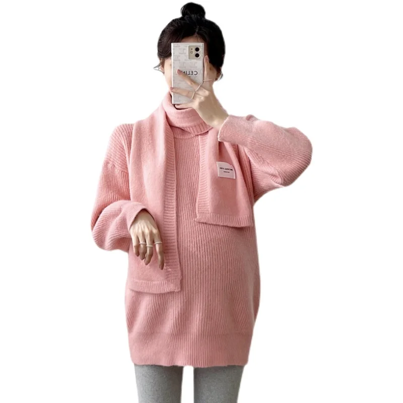 

Осенне-зимние розовые вязаные свитера для беременных с шарфом BA плотные теплые пуловеры Одежда для беременных шикарные джемперы