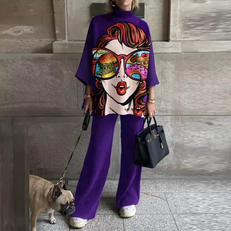 

Женский комплект из двух предметов с принтом, винтажная одежда с мультяшным принтом, Женский Зимний пуловер с высоким воротником и длинные ...