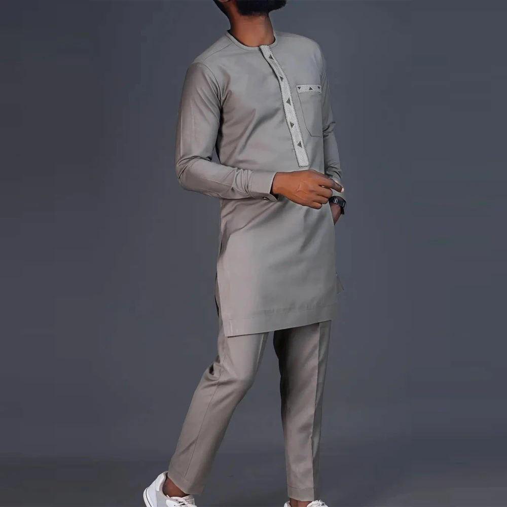 2 Piece Sets Mens Outfit Dashiki African Ethnic Style Long-sleeved Embroidery Top Pants Men Suits Traditional Clothing Casual