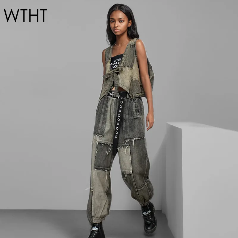 WTHT винтажные модные женские костюмы в стиле пэчворк бандажный джинсовый жилет
