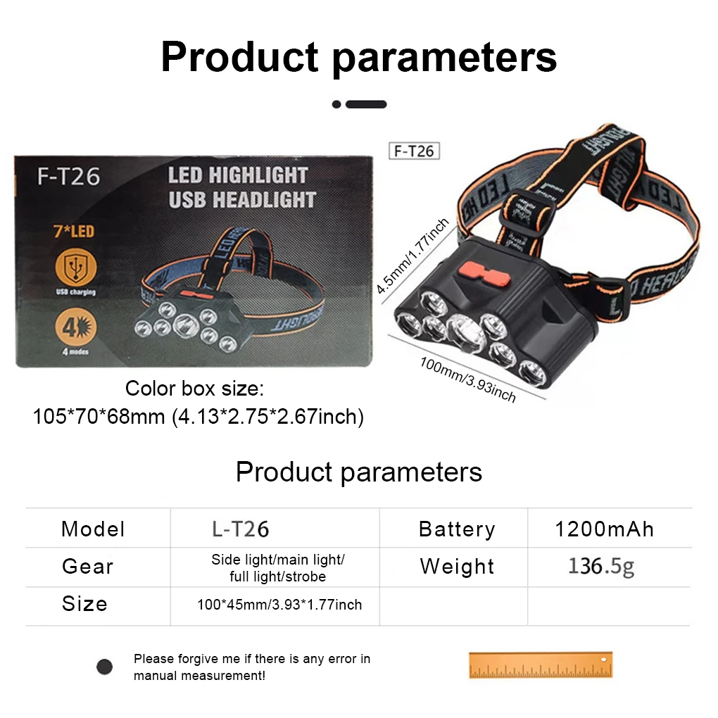 

Headlamp Rechargeable Portable Headlight Hands-free Head Lamp Light