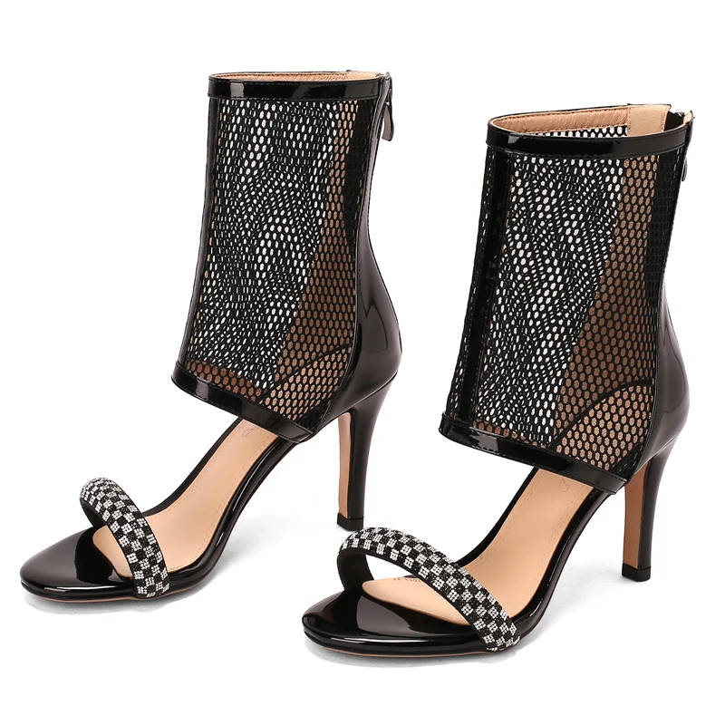 

Black Beige Fishnet Cloth Super Stiletto Gladiator High Heels Sandals For Women Summer Zipper Party Shoes