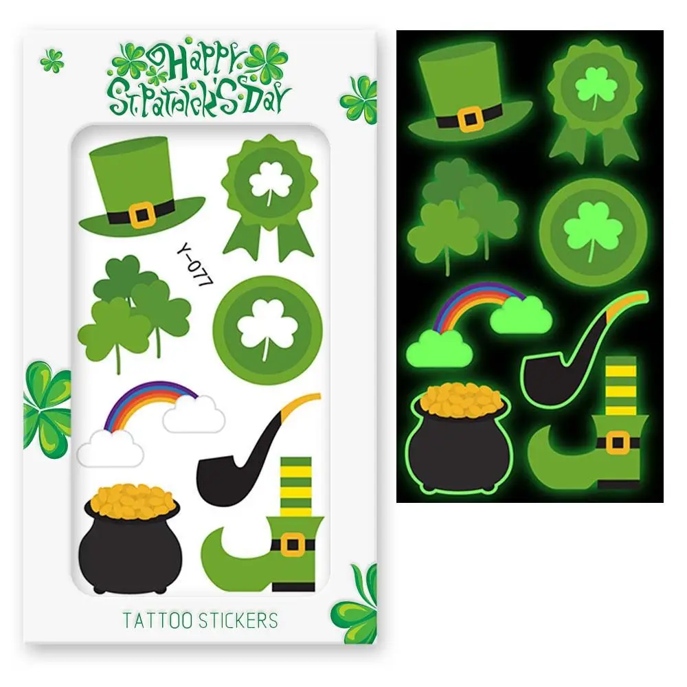 

New Trendy St Patricks Day Tattoo Sticker Waterproof Luminous Temporary Tattoo Stickers Simple Green Shamrock Stickers