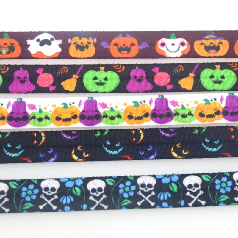 

DUWES 5/8'' 50yards Halloween Skull Printed Fold Elastic FOE Stretch Ribbon Hairbow Headwear Headband DIY OEM D1541