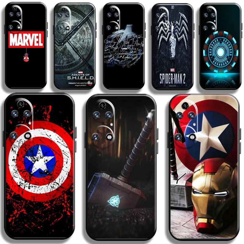 

Marvel Avenger Logo Phone Case For Huawei P50 P50 Pro Coque Carcasa Liquid Silicon Funda TPU Shell Shockproof Black Cases