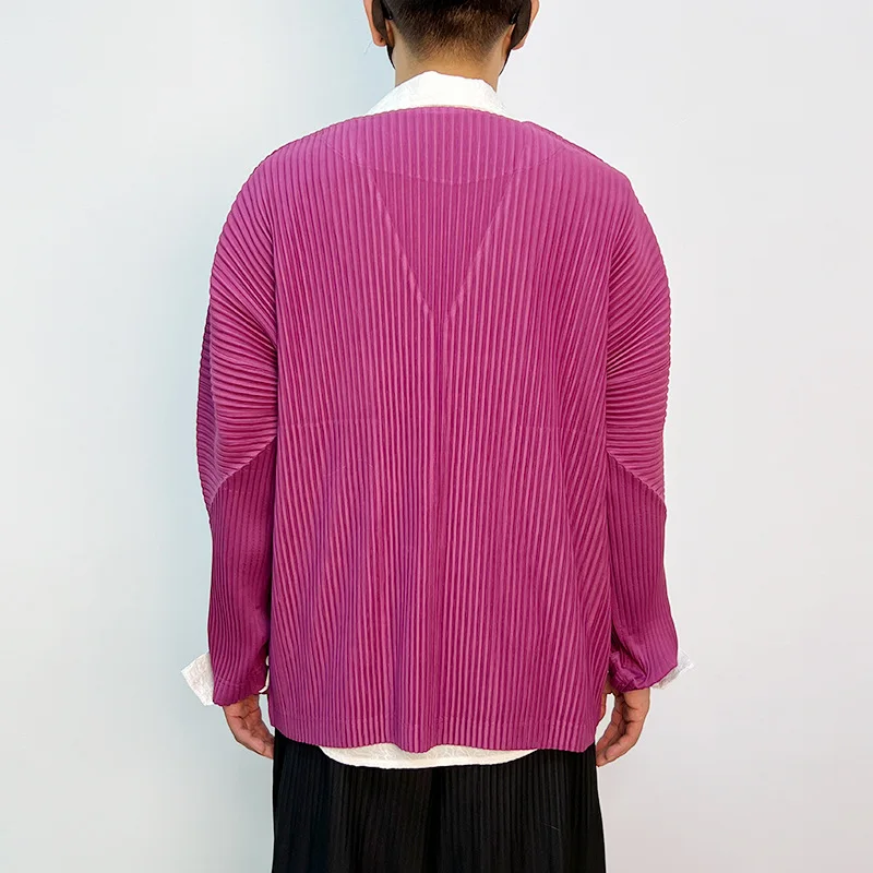 Spring men's pleated sweater cardigan jacket 2023 New Sanzhai fabric pleated vertical V-neck Korean men's jacket