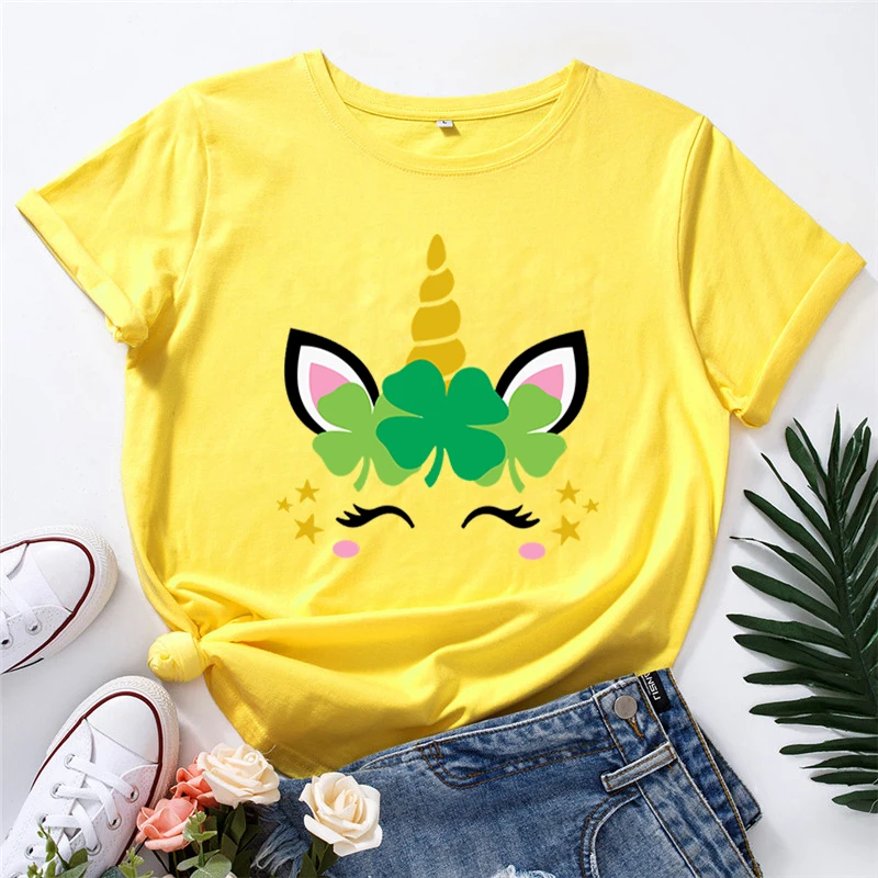 

Harajuku Saint Patrick's Day Tshirt Women Causal T-shirt Cotton Unicorn Tees Woman Tee Shirts Tops Clothes Drop Shipping