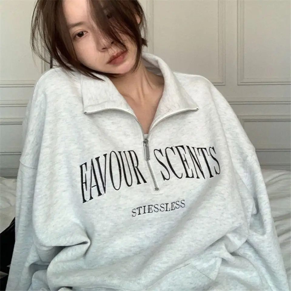 

Women's Sweater Hong Kong Windbreaker Gray American Retro Half-zip Sweater Women's Japanese Spring New Loose and Lazy Wind Lapel