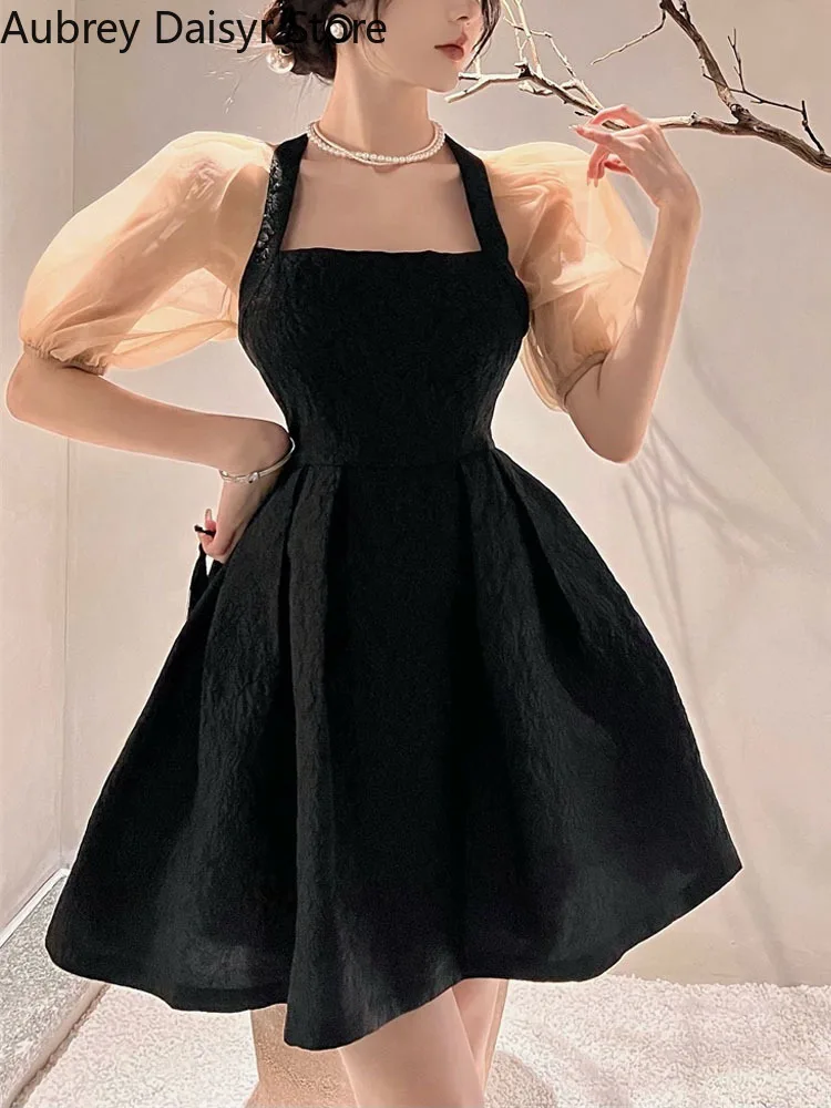 

Korean Elegant Black Mini Dress Women Vintage Gothic Puff Sleeve Prom Dresses Female Casual Y2k Patchwork Evening Party Dress