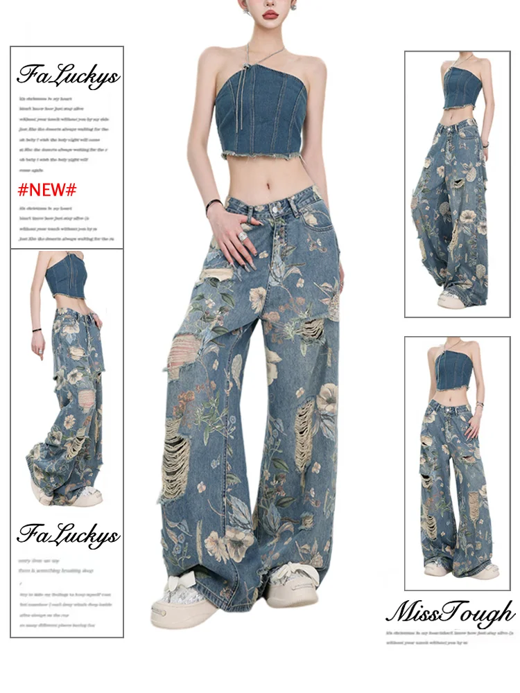 Синие мешковатые рваные джинсы женские винтажные ковбойские брюки Harajuku с