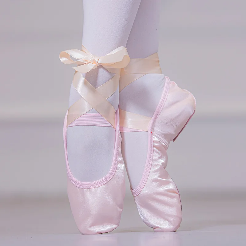 Girl Child and Ladies Ballet Pointe Dance Shoes Satin Ballet with Ribbon Straps Round Toe Indoor Yoga Shoes Fitness Slippers