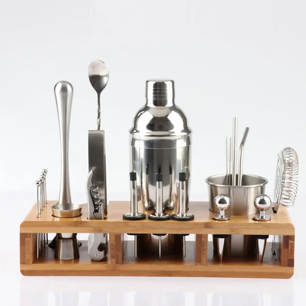 

23pcs Stainless Steel Cocktail Shaker Set Barware Kit with Square Wooden Rack for Bartender Drink Party Bar Tools