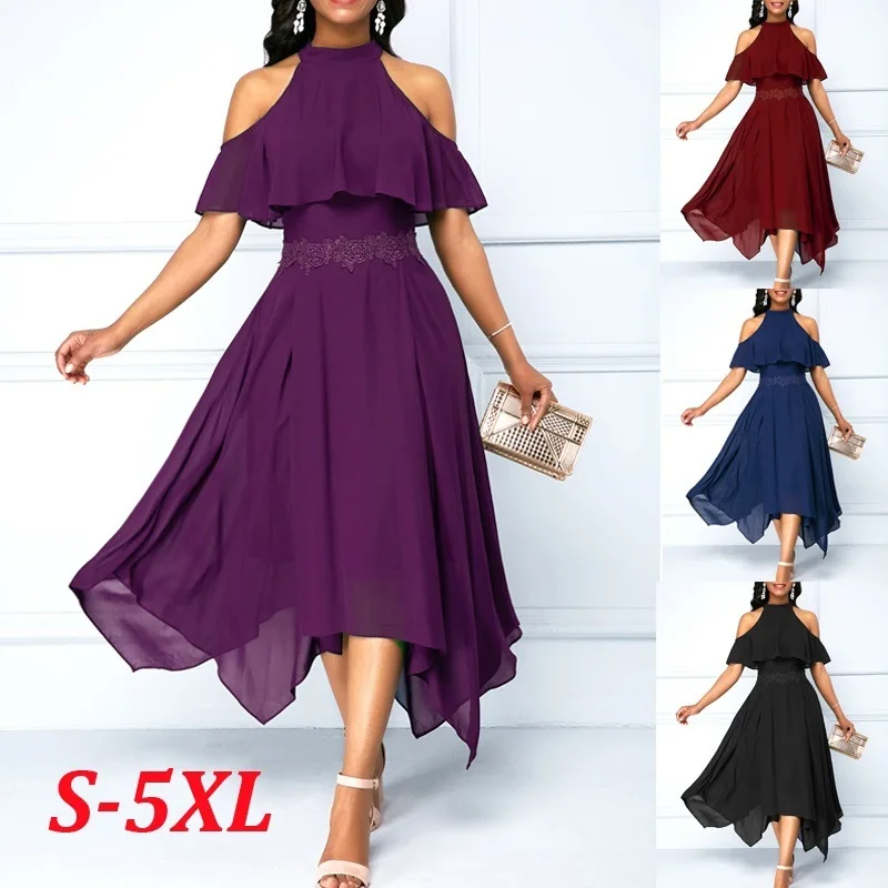 

Women's new hanging neck strapless irregular dress four color eight yards